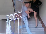 Classy girl ball busting a guy on the stairs