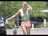 Teen masturbating with bicycle seat post in public