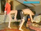 Clothed russian blonde ballbusting in the attic