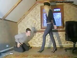 Clothed russian blonde ballbusting